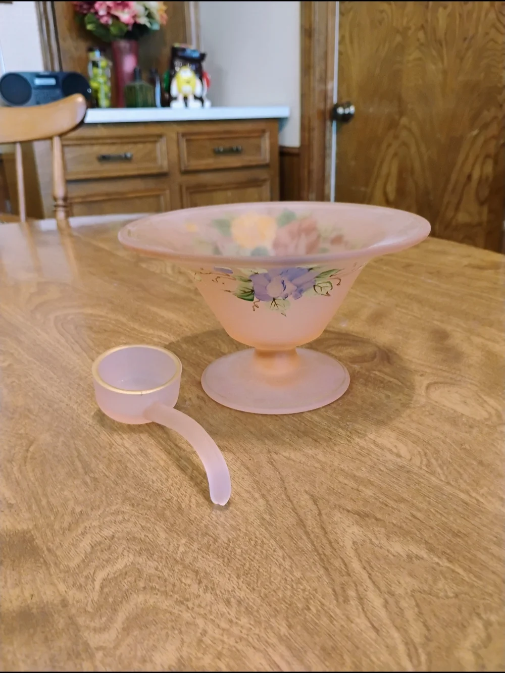 Vintage Tiffin Satin Pink Mayonnaise Bowl With Spoon Floral Poppies Gold Trim